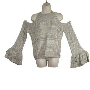 Two-One-Two Studio Sweater Cold Shoulder Women Size L Tan Space Dye Bell Sleeve